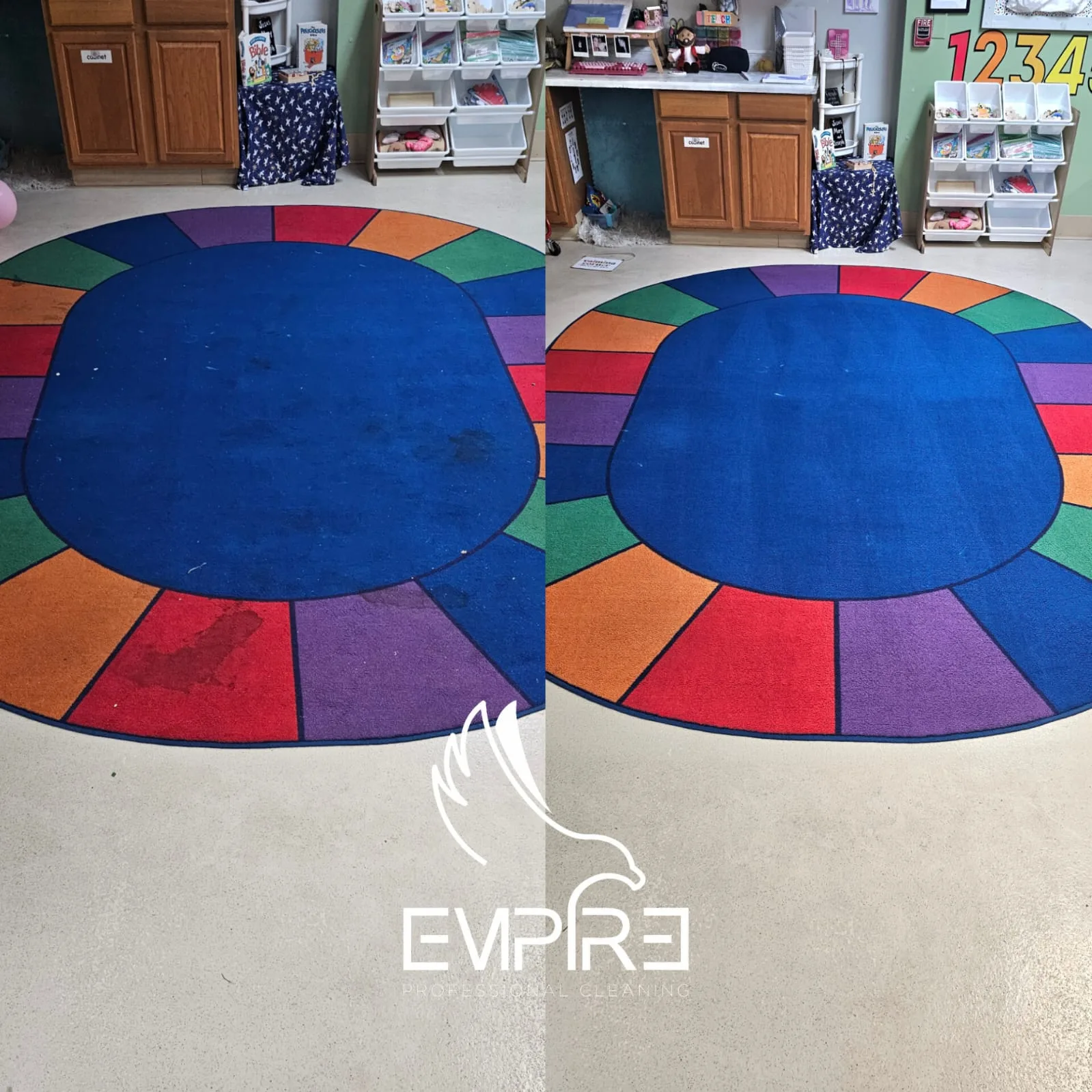 Before and after cleaning of a circle time classroom rug