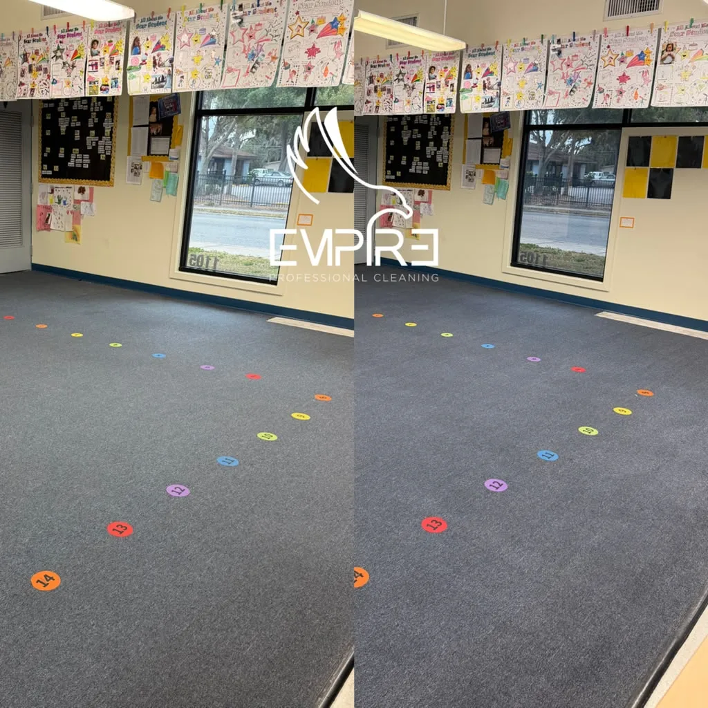 Before and after classroom carpet cleaning at a school by Empire