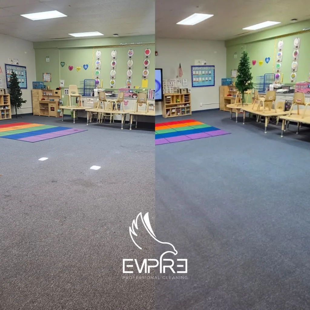 Before and after classroom carpet deep cleaning by Empire