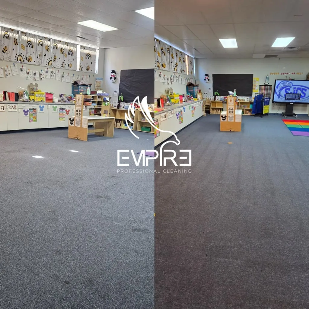 Before and after classroom carpet hot water extraction by Empire