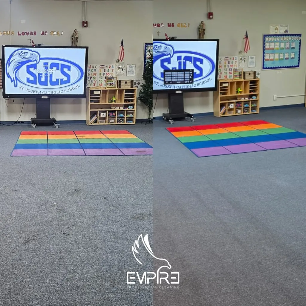 Before and after classroom rainbow rug cleaning by Empire