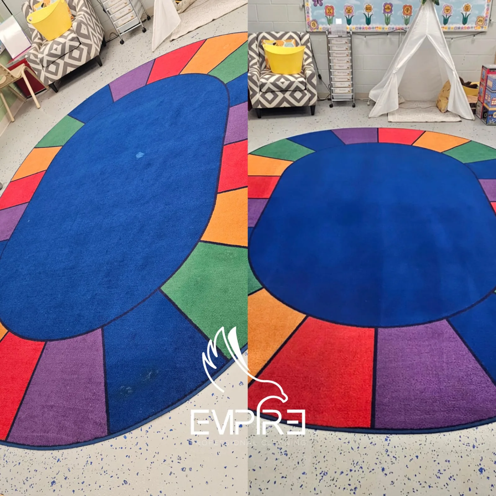 Before and after cleaning of a kids classroom rug