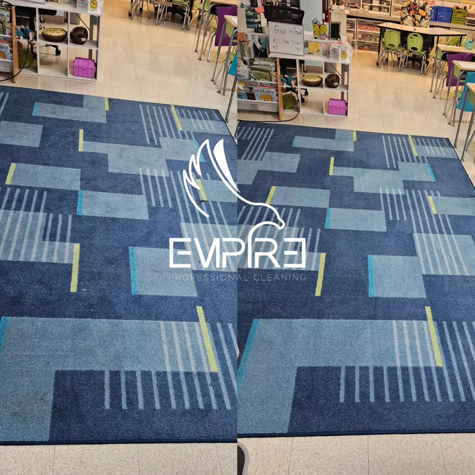 Before and after deep cleaning of school carpet